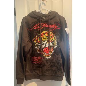 Ed Hardy Mens Retro Tiger Fleece Hoodie Dark Gray/Black, A47